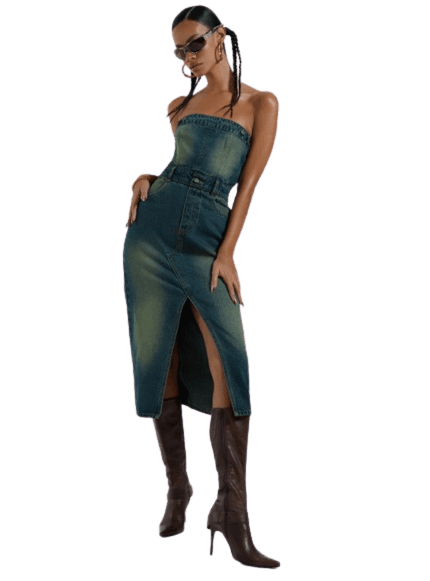 LIBERTY 2 IN 1 DETACHABLE DENIM BLUE MIDI DRESS