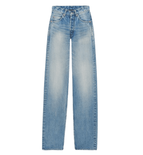 빈티지 블루 데님 소재의 V 웨이스트 롱 배기 진