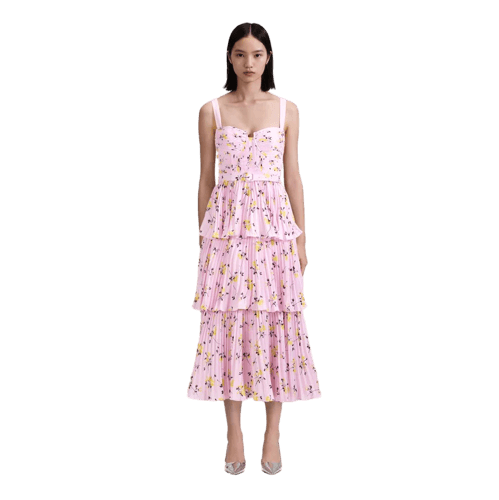 Pink Floral Print Tiered Midi Dress