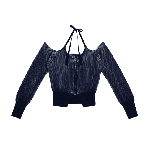 홀터넥 골지 가디건_NAVY