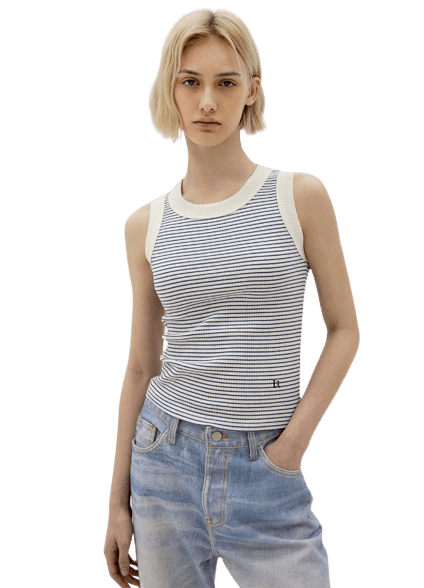 Cotton Stripe Rib Sleeveless Top - Ivory&Blue
