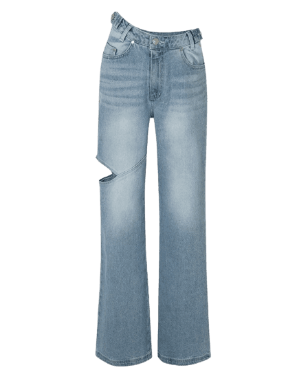 WAVE UNBALANCE SEMI WIDE CUTTING DENIM PANTS - LIGHT BLUE