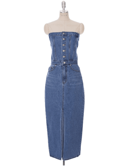 뮤량 데님 튜브탑 슬림 미디 원피스