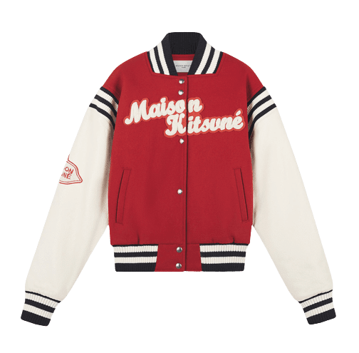 가죽 슬리브 로고 패치 울 펠트 혼방 바시티 자켓