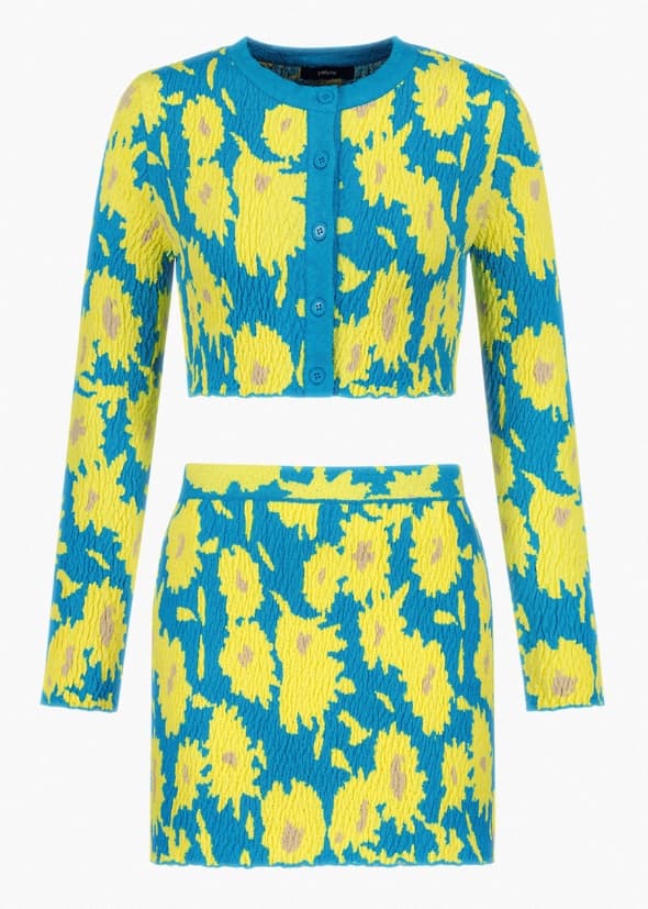 Flower Pattern Jacquard Crop Cardigan Skirt Set Up