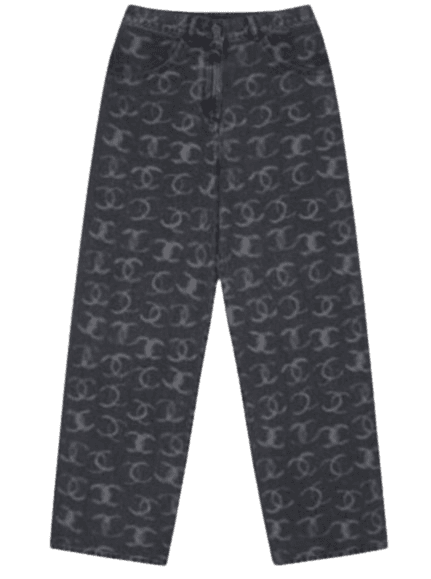 23B CHANEL CC PRINTED EMBROIDERED DENIM LOGO JEANS