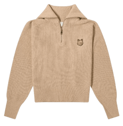 볼드 FOX 헤드 패치 하프 지퍼 리브드 점퍼 - 베이지