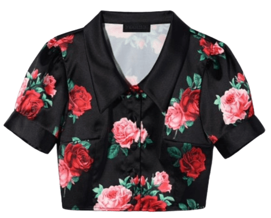 Satin Flower Pattern Blouse Black