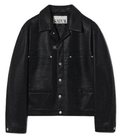 SATUR Symbol brooch faux leather jacket