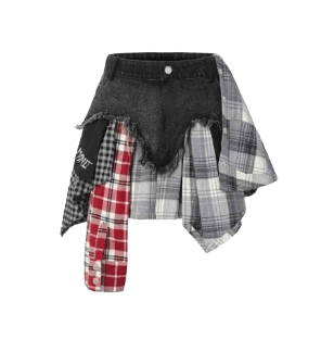 Weird Market Plaid Patch Denim Skirt Black
