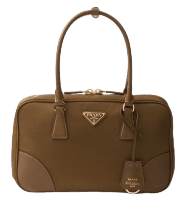 프라다 리에디션 1978 미디엄 리나일론 및 사피아노 가죽 투 핸들백 코르크 베이지