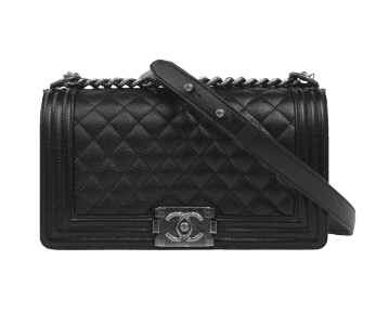 보이 샤넬 플랩 백 카프스킨, 루테늄 메탈, 블랙