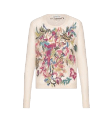 Embroidered Sweater White Technical Mohair and Alpaca Knit with Multicolor Toile de Jouy Fantastica Motif